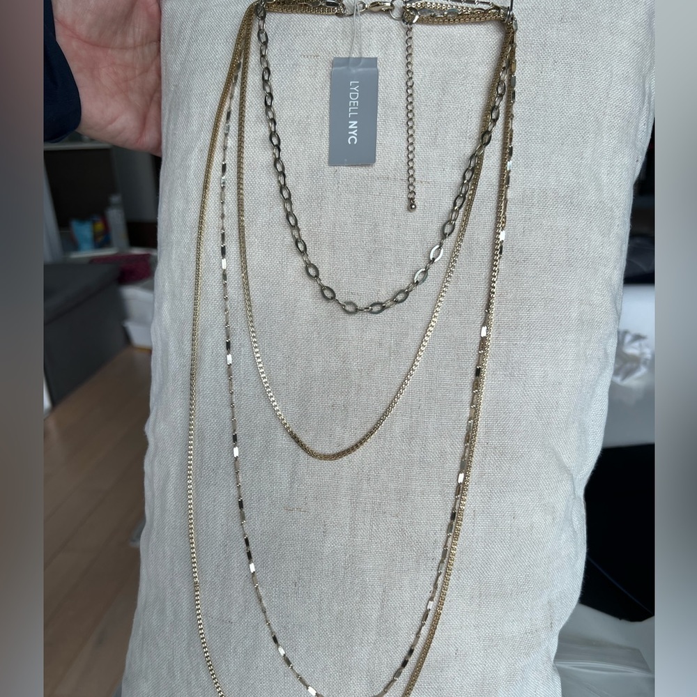 Lydell NYC multilayered long gold necklace. 34 inches long